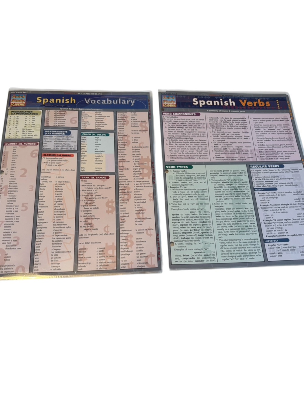 Spanish Vocabulary & Verbs Study Laminated Charts Bundle of Two